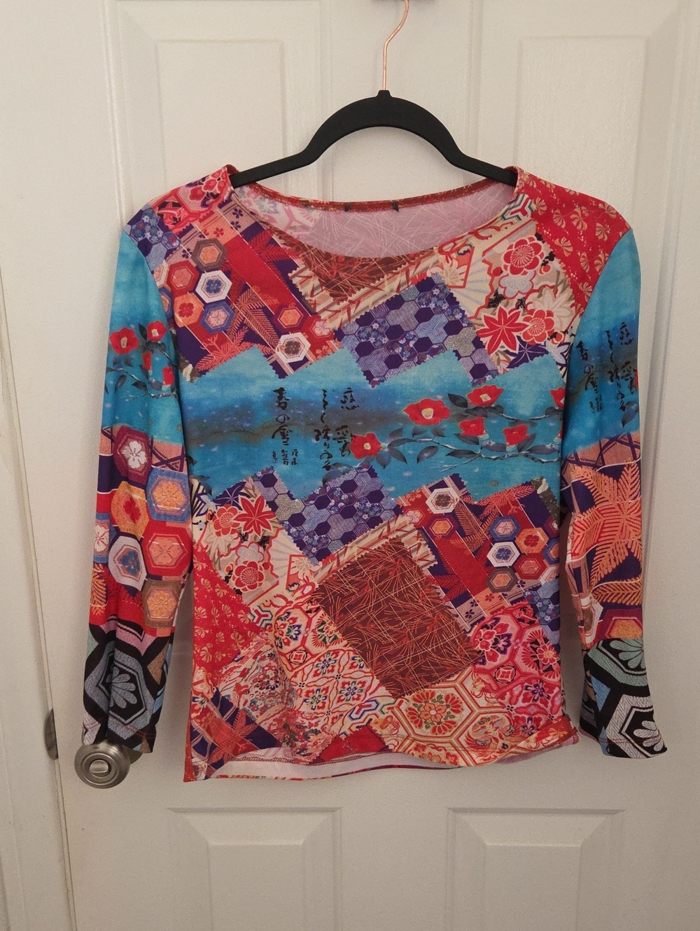 Vibrant Patchwork Print Long Sleeve Top - Red & Blue